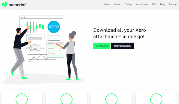 Numerint homepage showing Xero attachment backup with download message and simple user interface.
