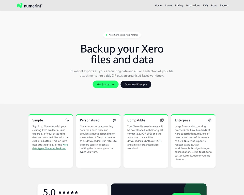 Step 1 of backing up Xero files and attachments with Numerint: Click the Backup link in the website navigation bar