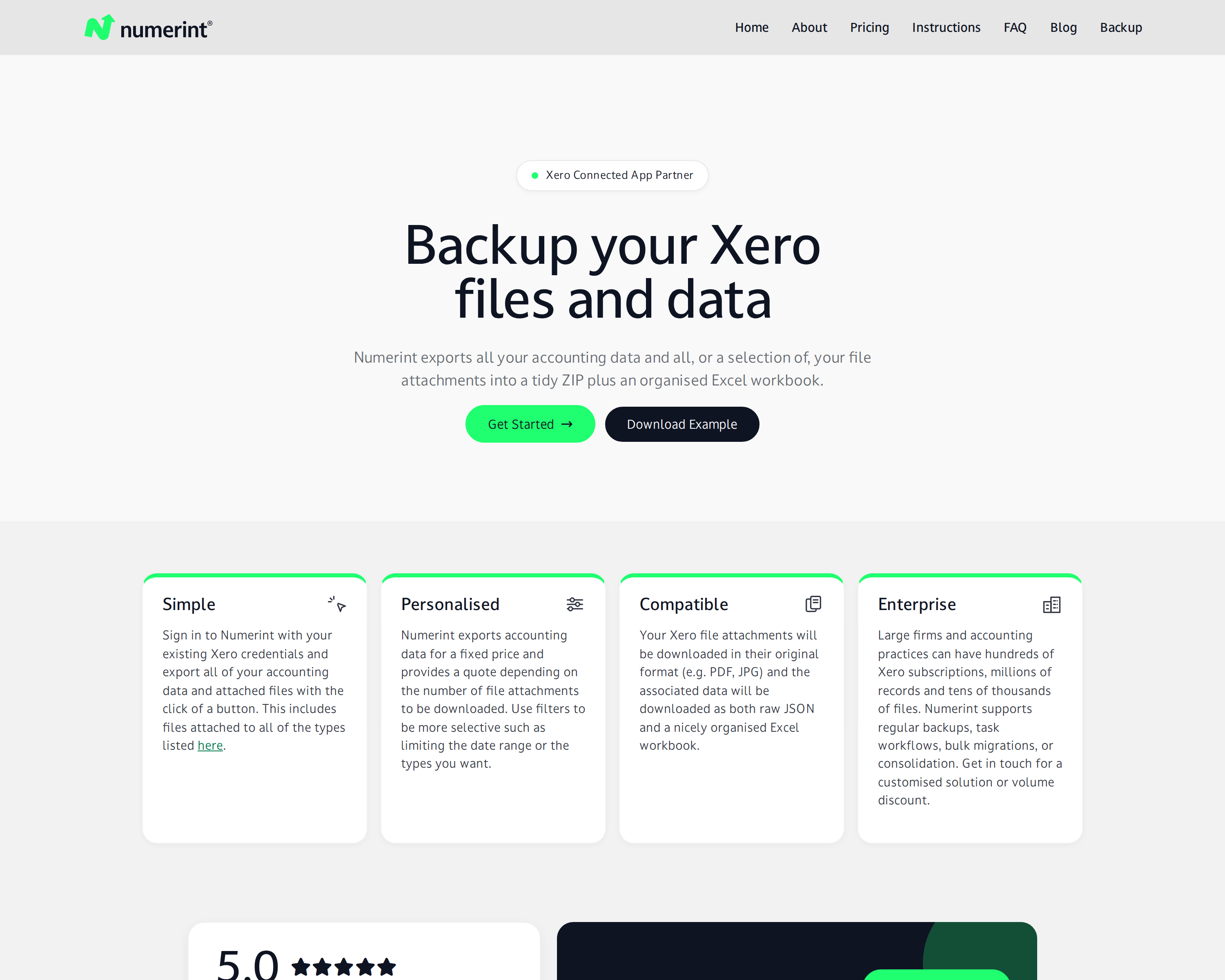Step 1 of backing up Xero files and attachments with Numerint: Click the Backup link in the website navigation bar