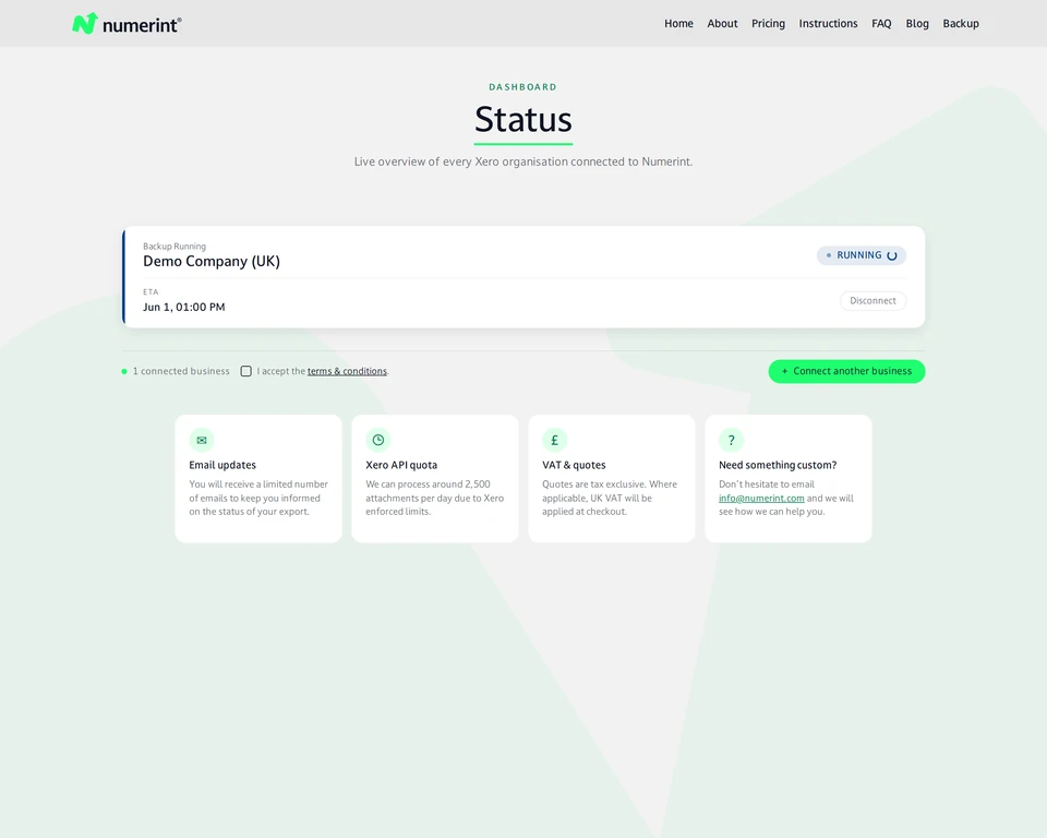Step 10 of backing up Xero files and attachments with Numerint: The backup has begun and status is marked as RUNNING with estimated completion time shown on the dashboard