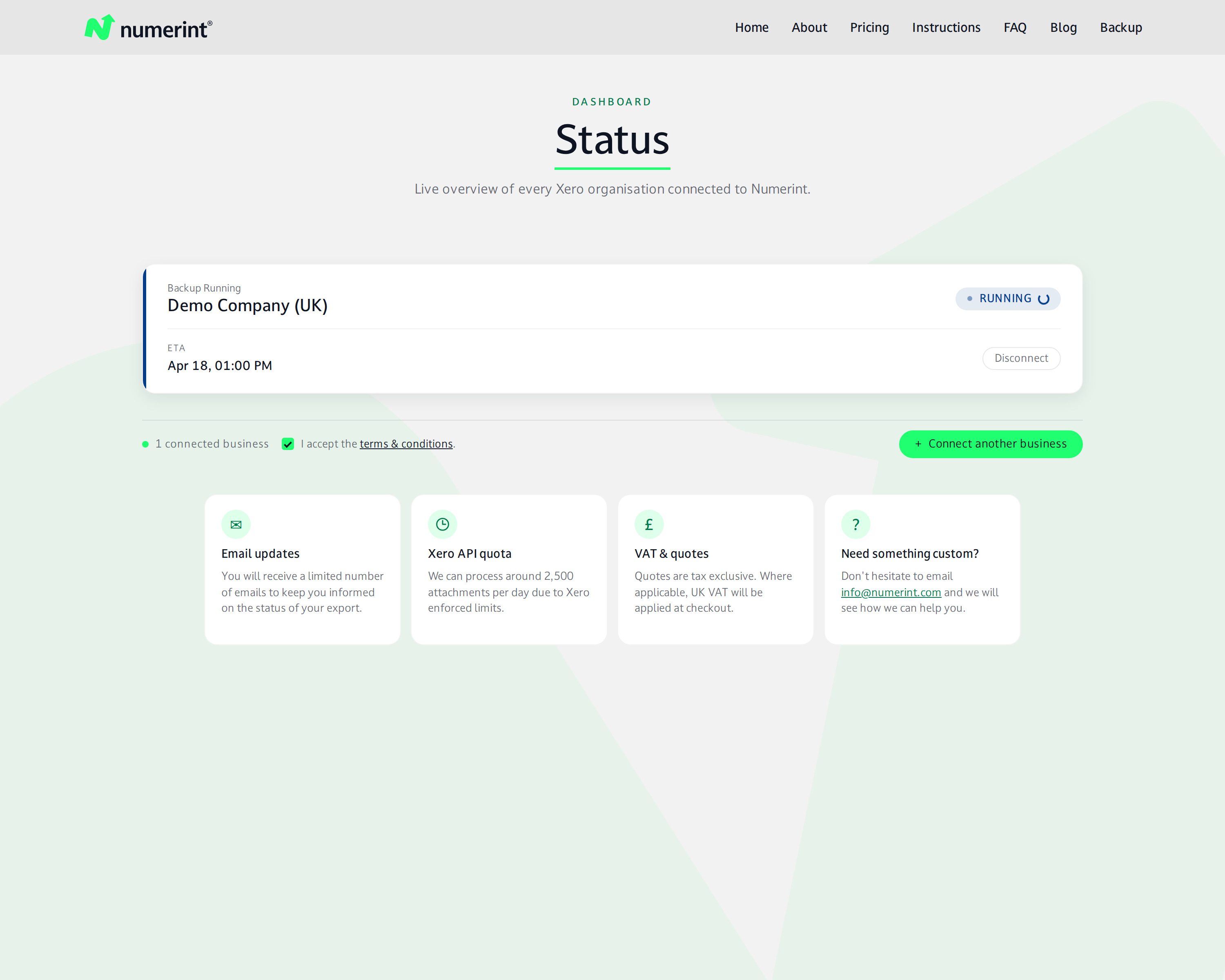 Step 10 of backing up Xero files and attachments with Numerint: The backup has begun and status is marked as RUNNING with estimated completion time shown on the dashboard