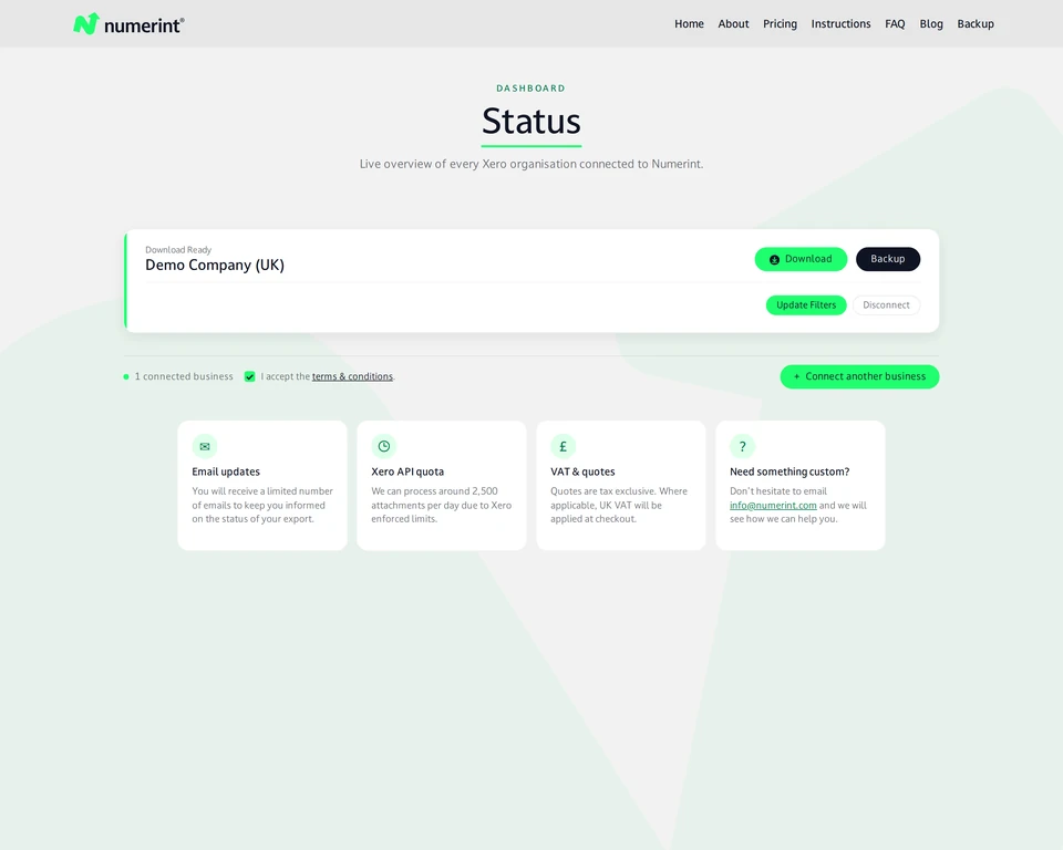 Step 11 of backing up Xero files and attachments with Numerint: Download the completed ZIP archive (attachments plus an Excel workbook) exports from the status page after the backup is marked complete