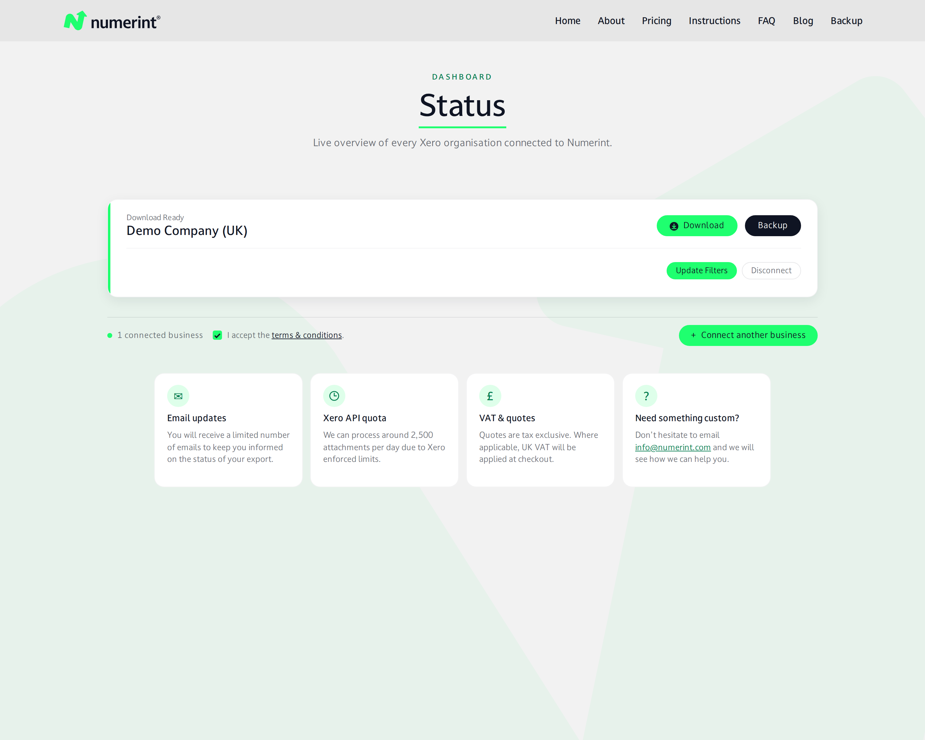 Step 11 of backing up Xero files and attachments with Numerint: Download the completed ZIP archive (attachments plus an Excel workbook) exports from the status page after the backup is marked complete