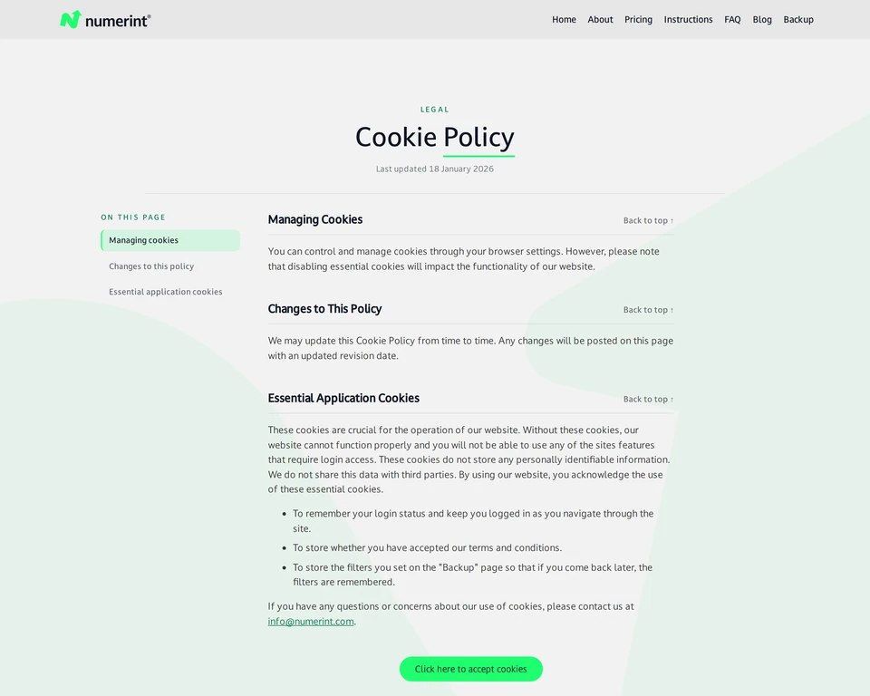 Step 2 of backing up Xero files and attachments with Numerint: Accept essential cookie policy to enable backup features
