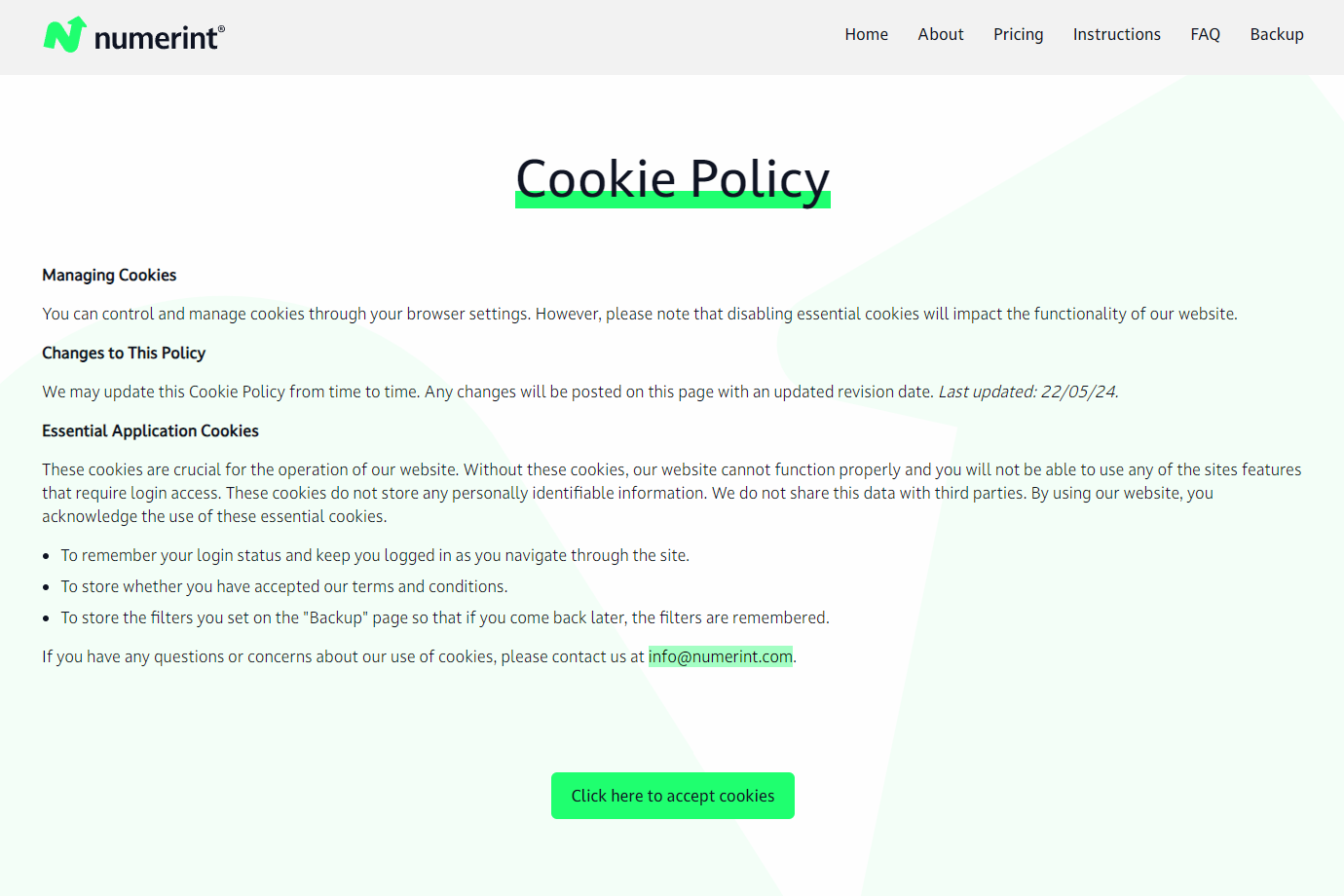 Step 2 of backing up Xero files and attachments with Numerint: Accept essential cookie policy to enable backup features