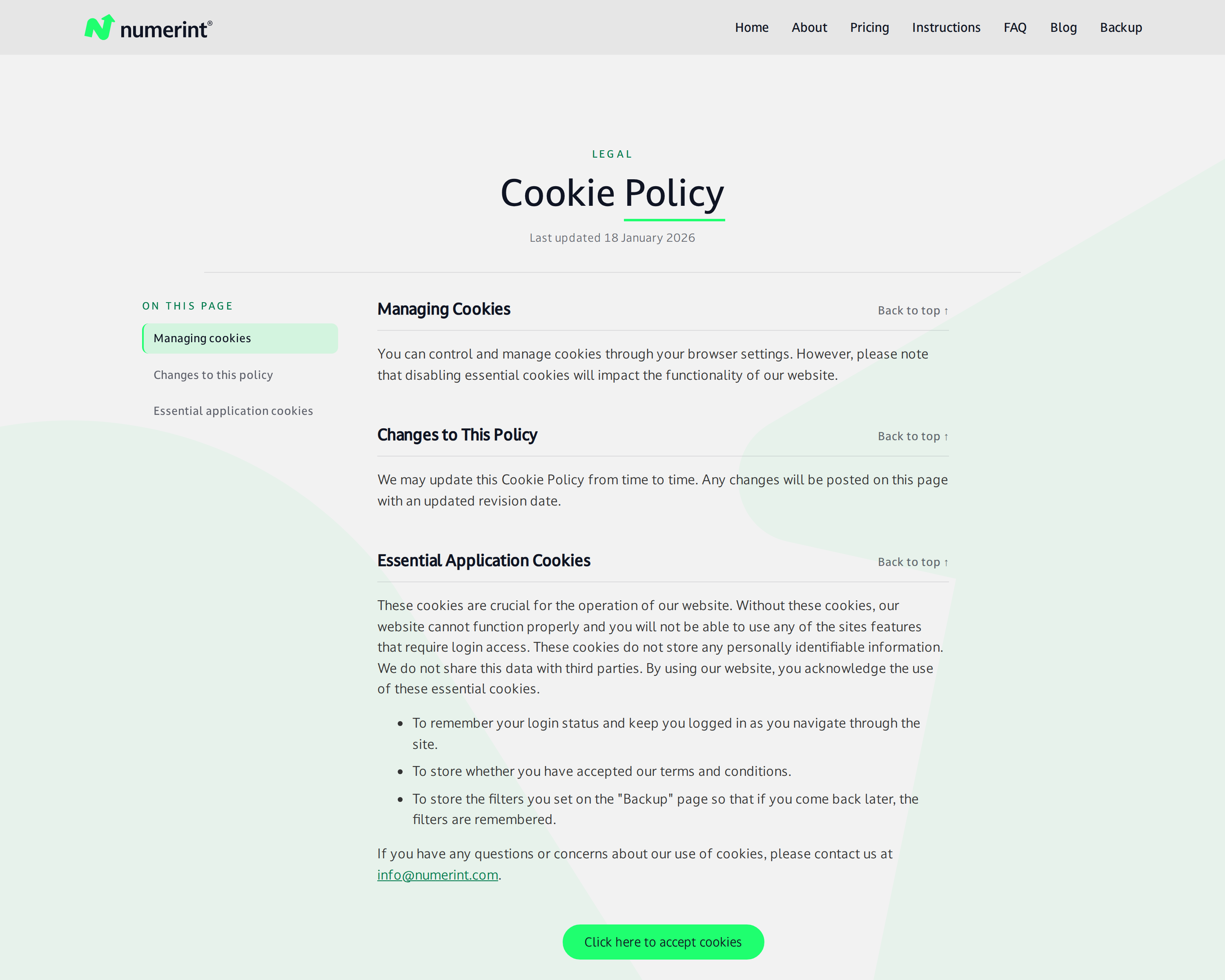Step 2 of backing up Xero files and attachments with Numerint: Accept essential cookie policy to enable backup features