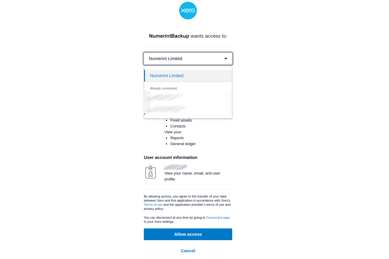 Step 3 of backing up Xero files and attachments with Numerint: Log in with your Xero account and select the organisation to authorise read-only access