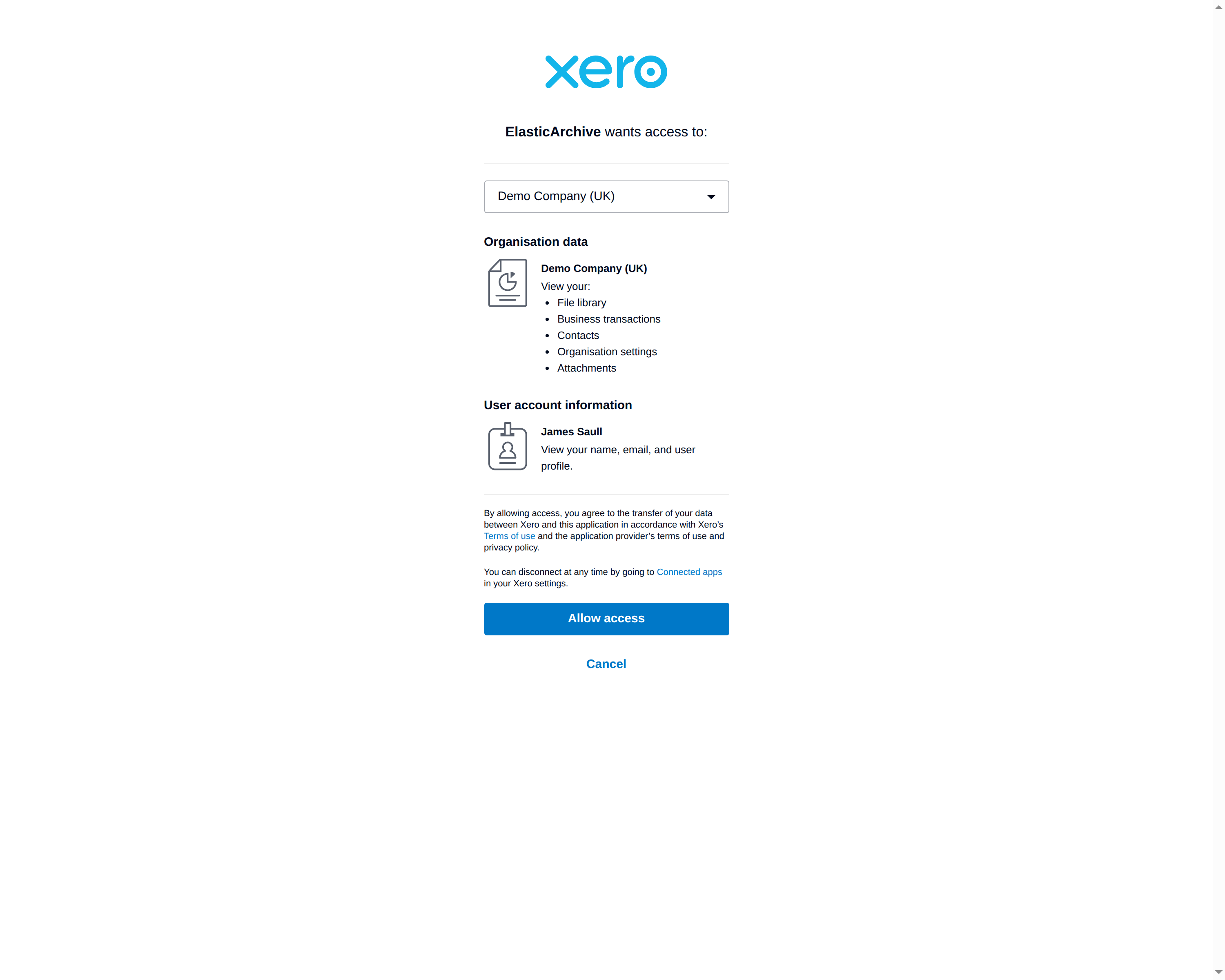 Step 3 of backing up Xero files and attachments with Numerint: Log in with your Xero account and select the organisation to authorise read-only access