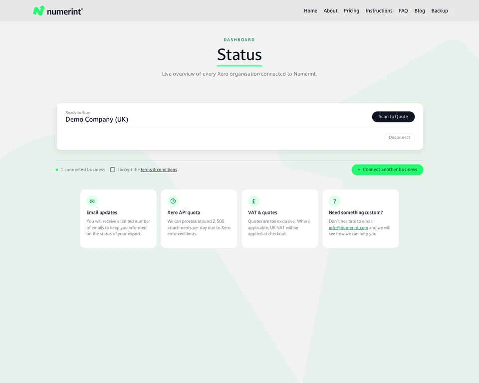 Step 4 of backing up Xero files and attachments with Numerint: Click the Scan button on the status page to calculate attachment count and pricing