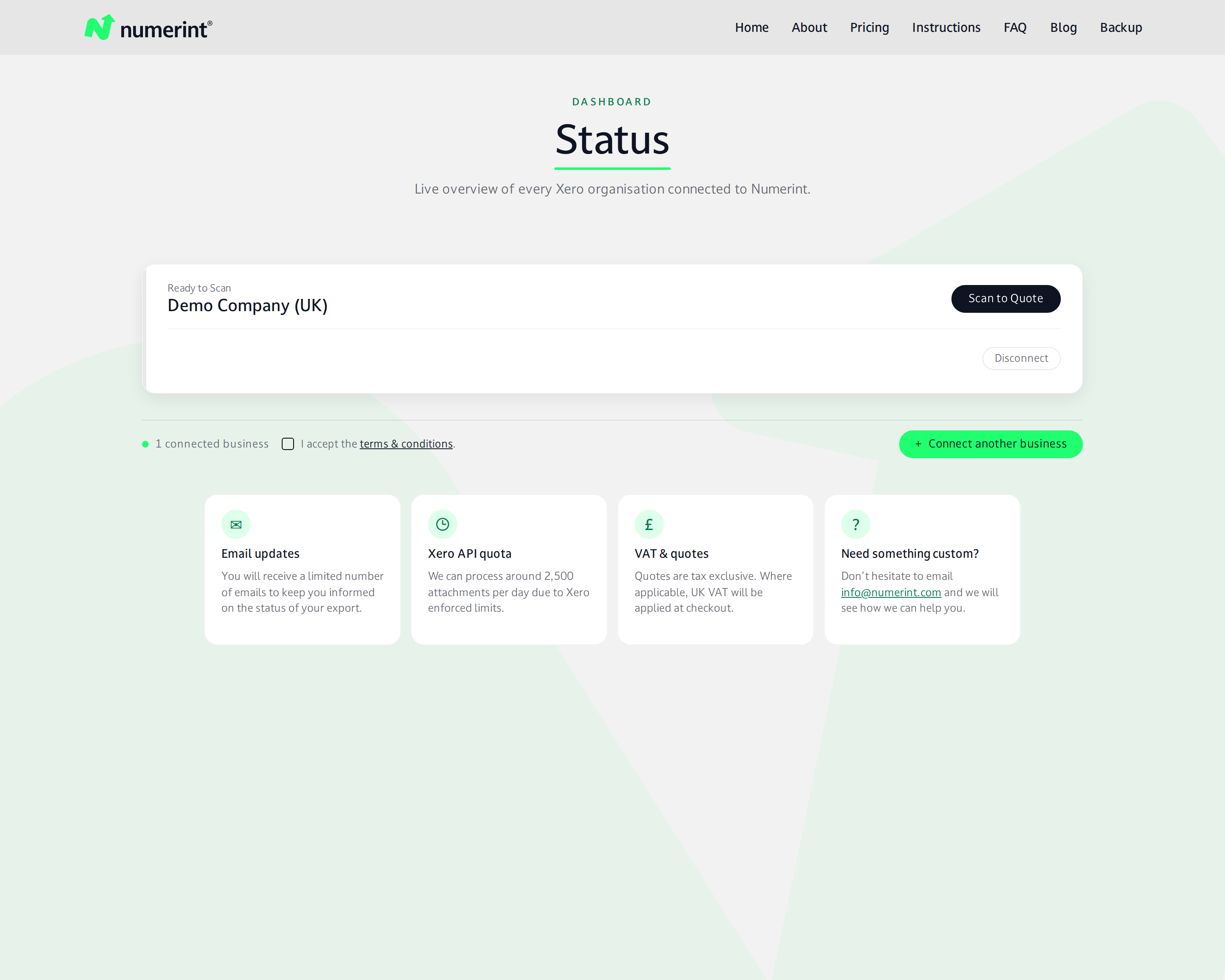 Step 4 of backing up Xero files and attachments with Numerint: Click the Scan button on the status page to calculate attachment count and pricing