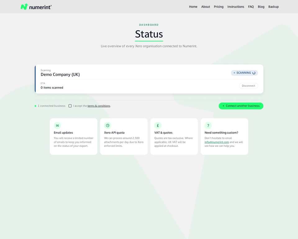 Step 5 of backing up Xero files and attachments with Numerint: Scanning in progress to determine attachment count and pricing tier