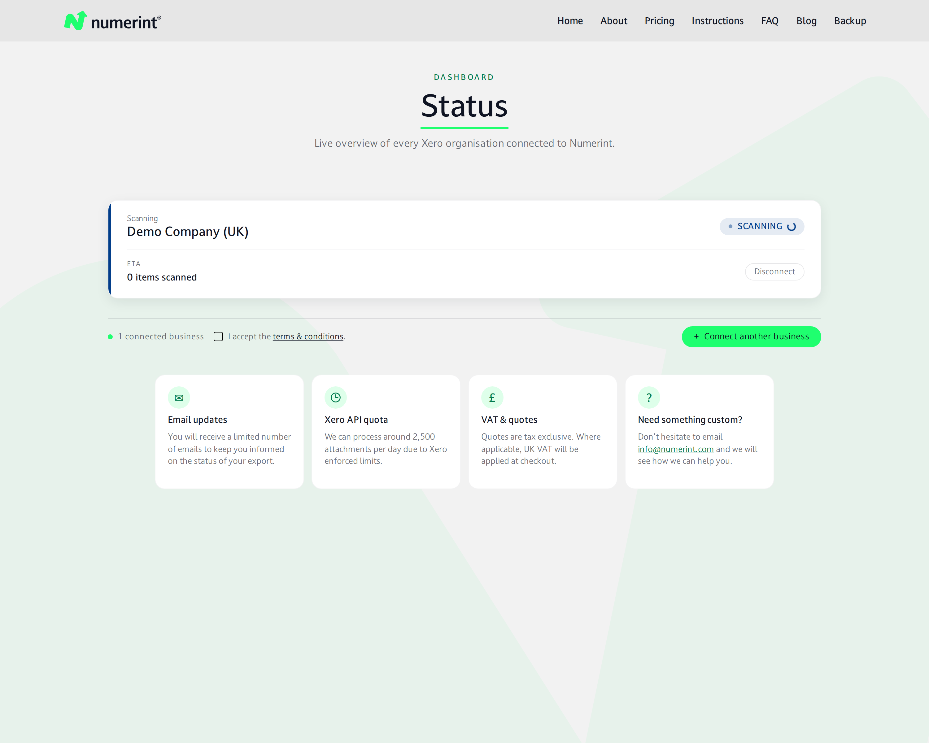 Step 5 of backing up Xero files and attachments with Numerint: Scanning in progress to determine attachment count and pricing tier