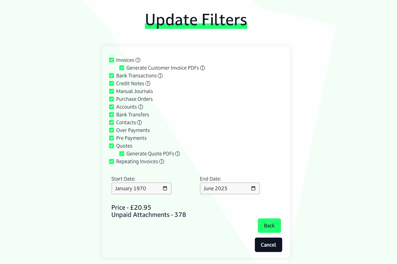 Step 6 of backing up Xero files and attachments with Numerint: Apply filters to select specific Xero document types and date ranges you want to backup, adjusting the final price and attachment count