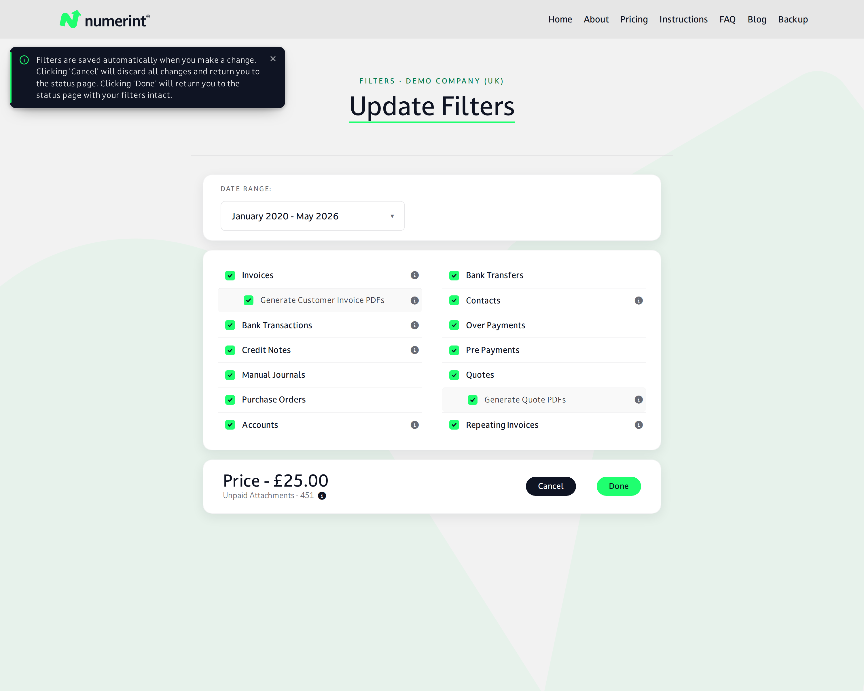 Step 6 of backing up Xero files and attachments with Numerint: Apply filters to select specific Xero document types and date ranges you want to back up, adjusting the final price and attachment count