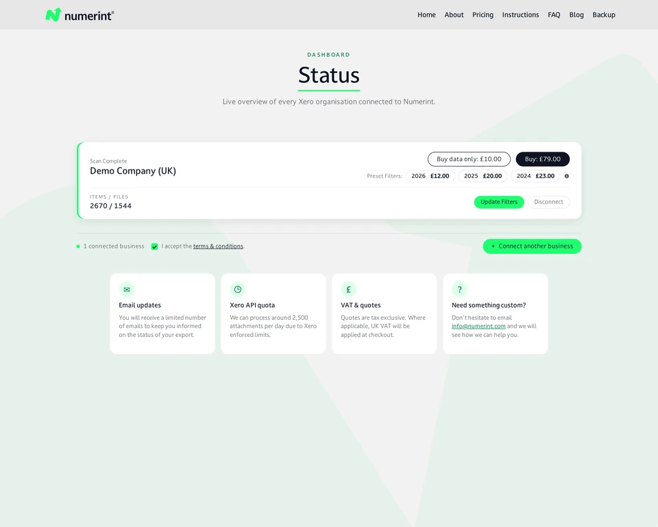 Step 7 of backing up Xero files and attachments with Numerint: Review filtered results, accept terms and conditions, and click Buy to proceed with payment