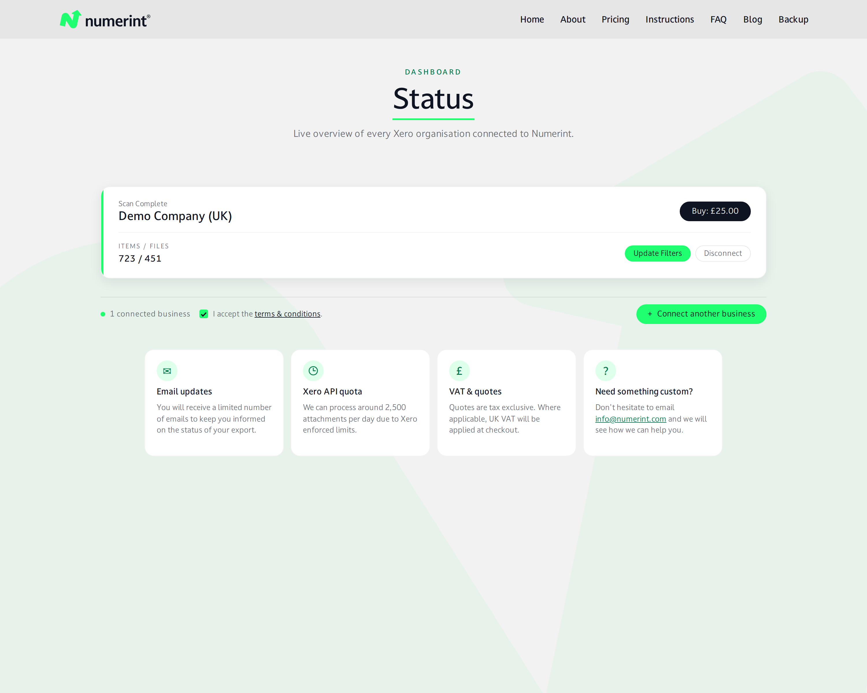 Step 7 of backing up Xero files and attachments with Numerint: Review filtered results, accept terms and conditions, and click Buy to proceed with payment
