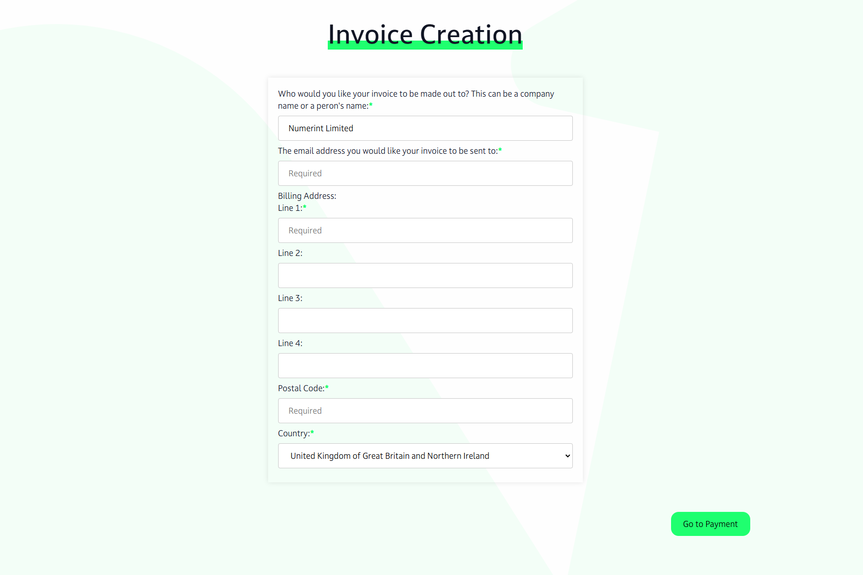 Step 8 of backing up Xero files and attachments with Numerint: Enter billing details and email address to generate an invoice before proceeding to payment with Stripe