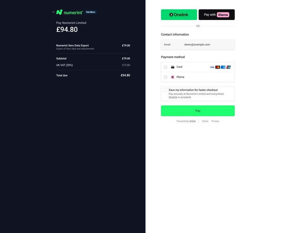 Step 9 of backing up Xero files and attachments with Numerint: Complete the Stripe payment form and choose a payment method to finalise your data export