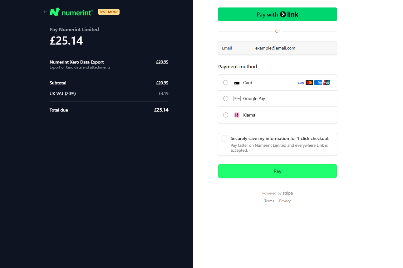 Step 9 of backing up Xero files and attachments with Numerint: Complete the Stripe payment form and choose a payment method to finalize your data export