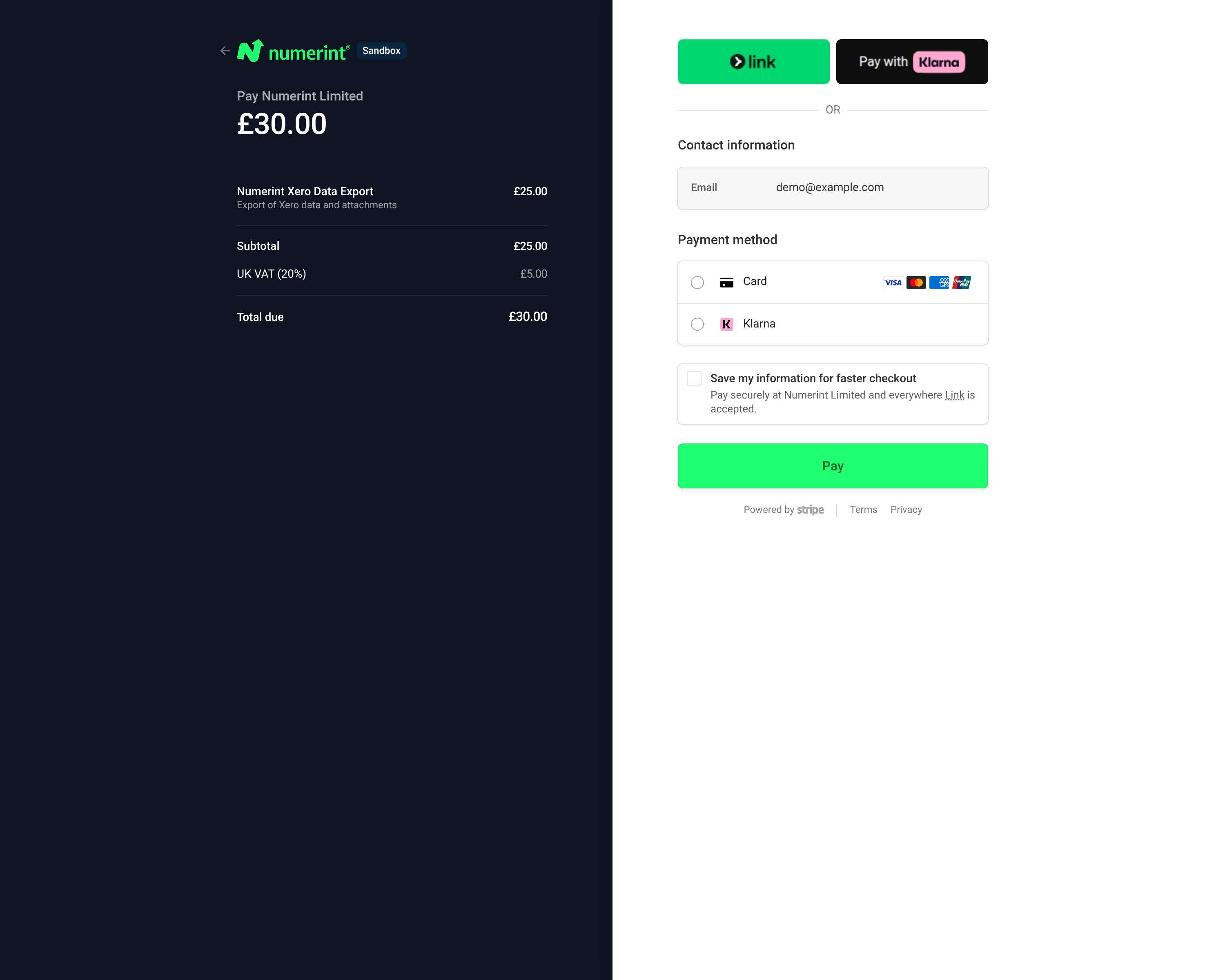 Step 9 of backing up Xero files and attachments with Numerint: Complete the Stripe payment form and choose a payment method to finalise your data export